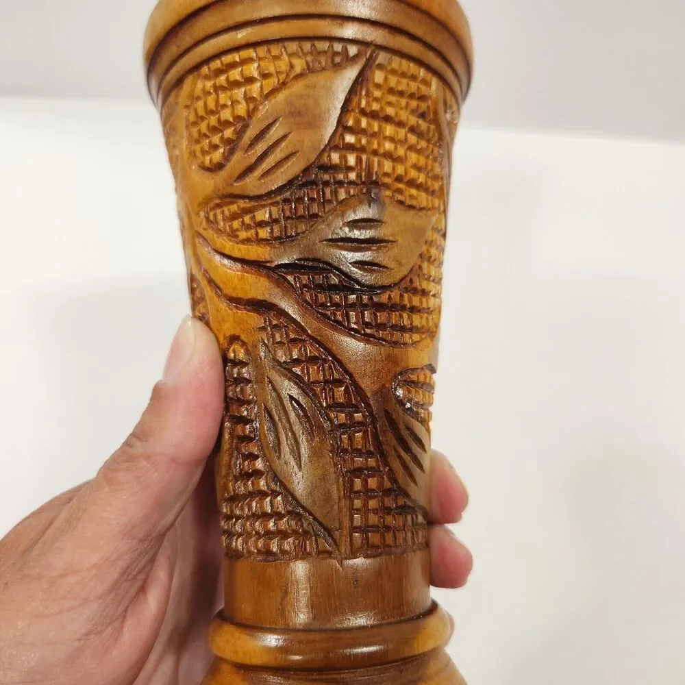 Hand Carved Wooden Vase Vessel Floral Leaf Design Bohemian Style, Boho Tiki